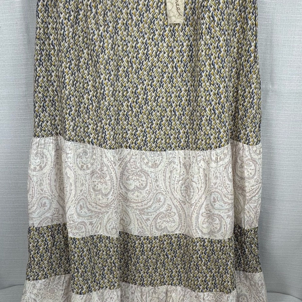 Mystree Womens Tiered Maxi Skirt Blue Yellow Paisley Geometric Boho Size M‎ NEW
